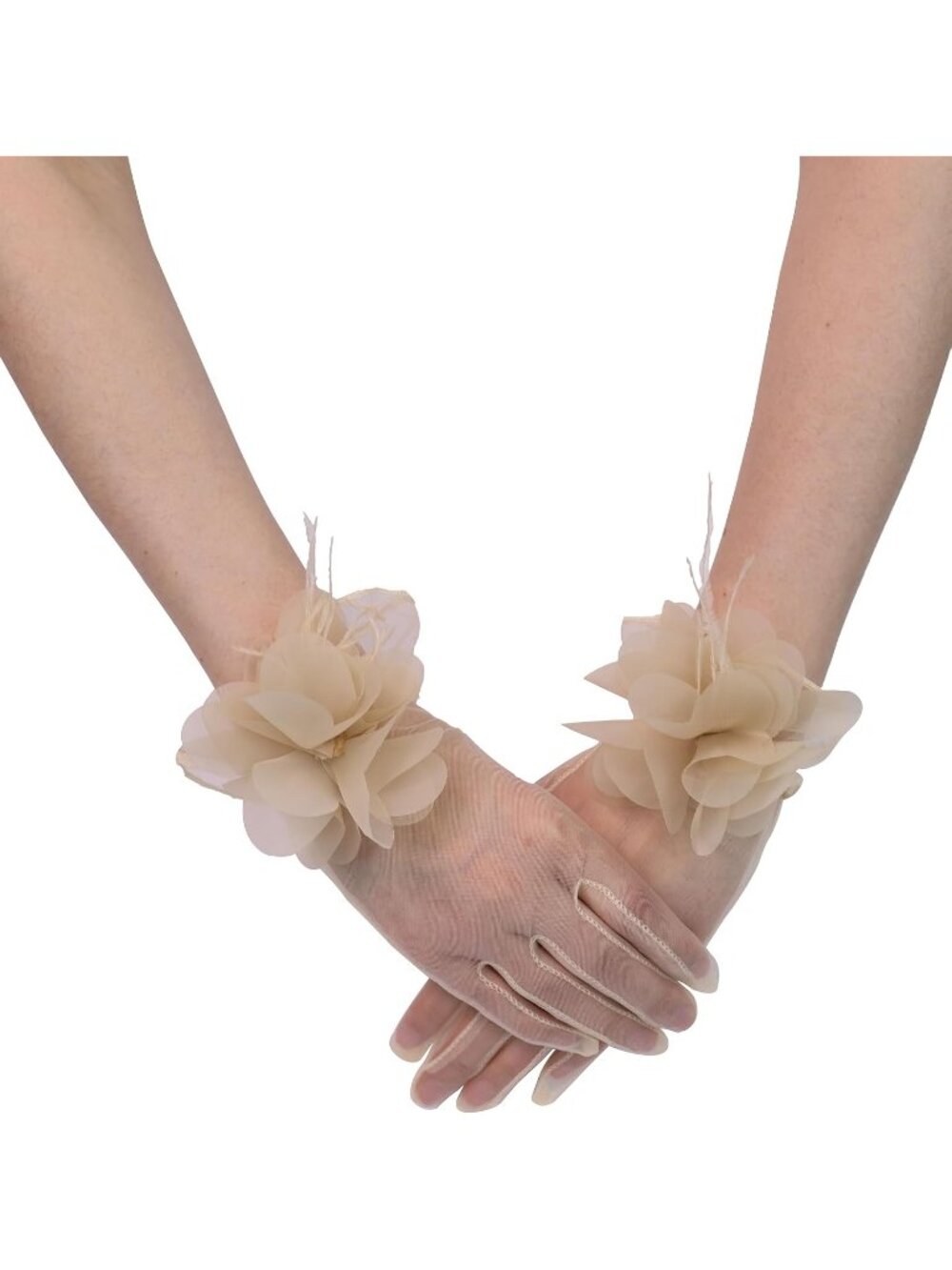 Women's Champagne 100% Nylon Sheer Floral Wedding Tea Party Short Tulle Glove